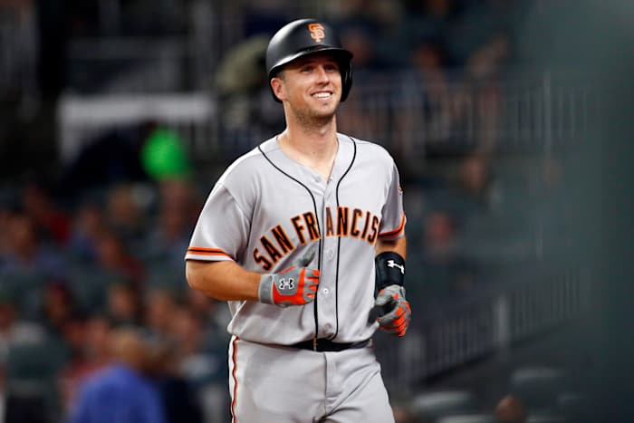 SF Giants catcher Buster Posey (28) smiles after hitting a home run. (2017)